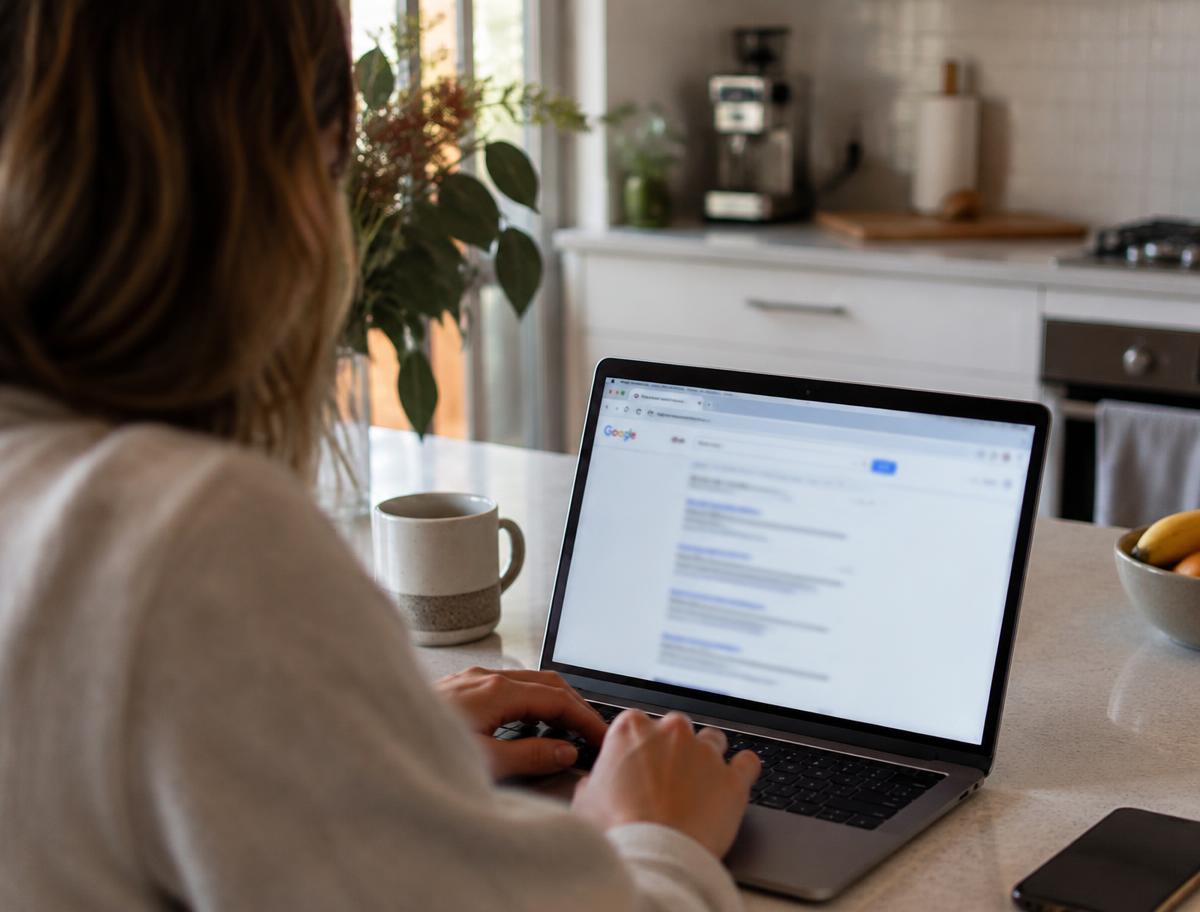 Person searching on Google from a laptop at a kitchen bench