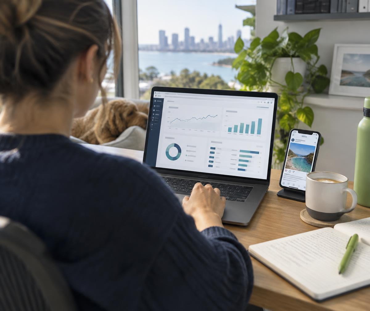 Business owner reviewing ad campaign results on a laptop, with a social media ad open on their phone